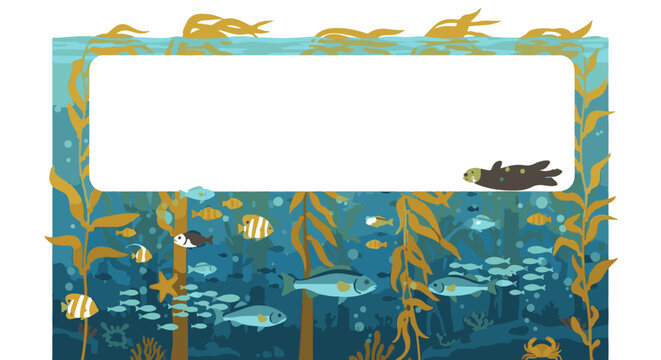 Sea otter floats among kelp and fish in a vibrant underwater scene