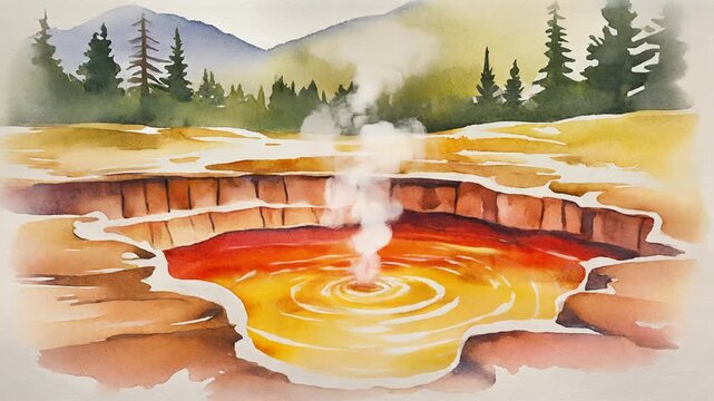 Watercolor Hot Spring Source with Rising Steam | Geothermal Geyser and Nature Landscape Illustration