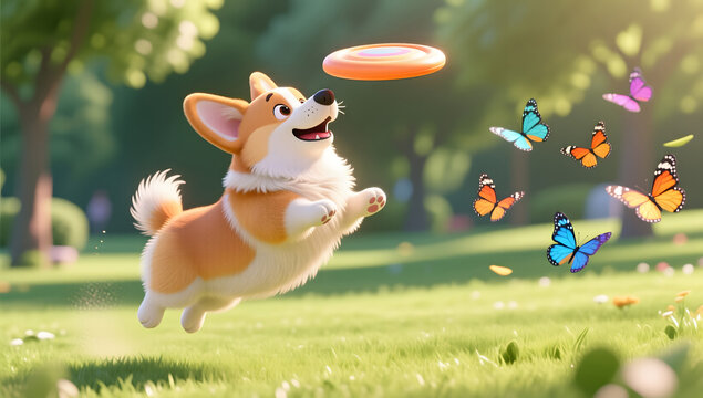 Cute pet dog happily catching a frisbee on the park grass