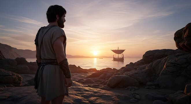 Ancient Greek Man in Tunic Standing on Rocks Looking at Sailing Ship at Sunset