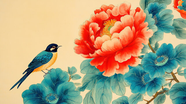 Close up bright red peonies scattered among green leaves blue lotuses gold foil style light yellow background clear smooth lines bird perching beside flowers Chinese meticulous painting traditional ae