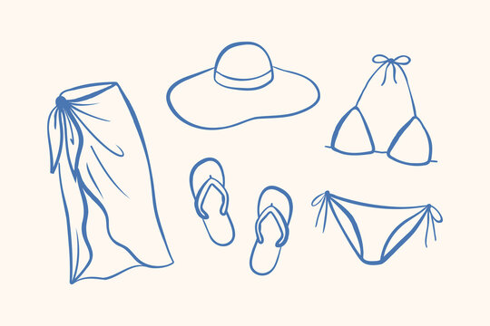 Hand drawn bikini and beach accessories mini set in minimal line style. Summer swimwear elements isolated on neutral background. Perfect for fashion and vacation design.