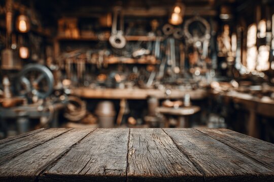 Empty rustic wooden table with blurred vintage workshop background.