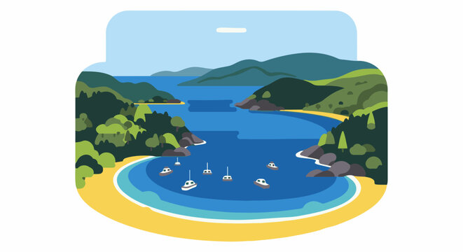 Serene bay with sailboats nestled between lush green hills
