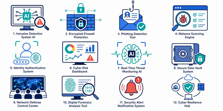 The infographic illustrates various security measures and processes on a computer screen with icons and graphs in a business setting for technology and information.