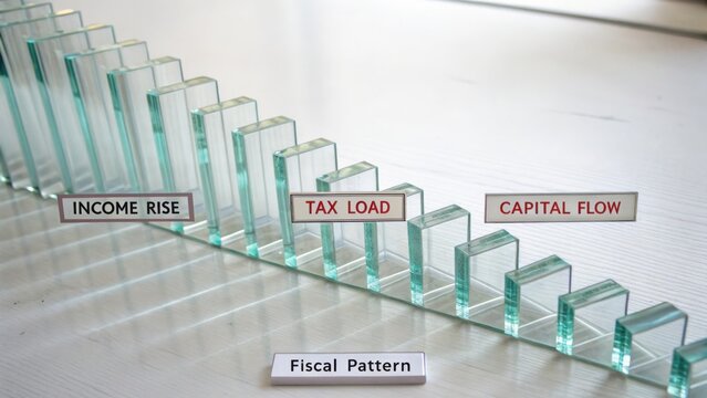 Glass Blocks Representing Financial Concepts of Income Rise, Tax Load, Capital Flow and their Relation to Fiscal Patterns in Modern Economy