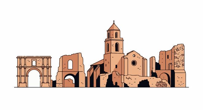 Ruined ancient architectural structures with a central bell tower and archway