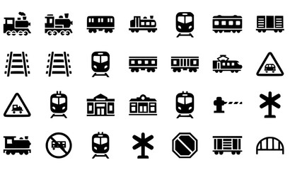 Railway silhouette icon collection vector with trains tracks and station symbols isolated on white © Mst.Razia