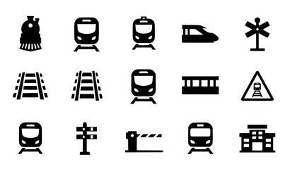 Minimal train silhouette icon set vector with railway station and crossing symbols isolated on white background © Mst.Razia