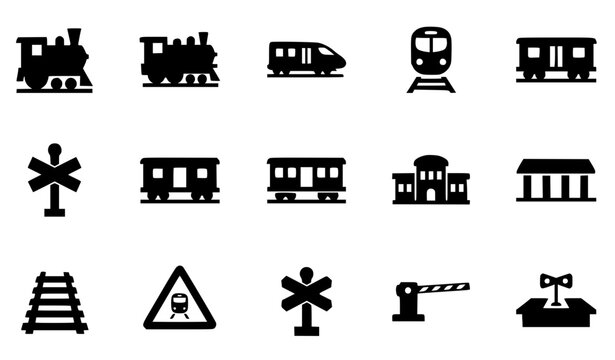 Black and white train silhouette icon set with locomotives tracks station and railway crossing symbols isolated on white background
