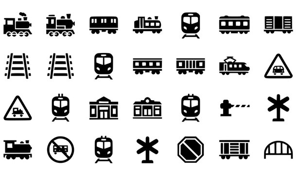 Railway silhouette icon collection vector with trains tracks and station symbols isolated on white