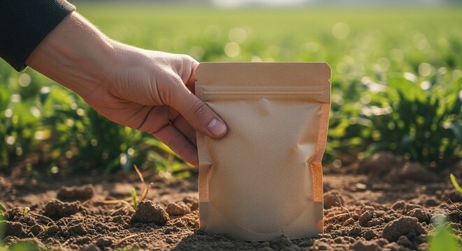 Human hand holding brown kraft paper pouch bag in agricultural field with green soil background for organic seeds or natural fertilizer product packaging mockup.