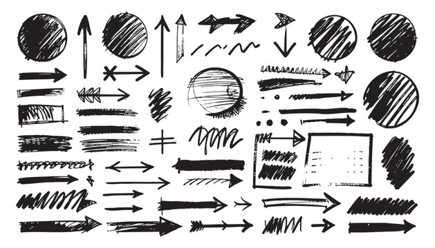 Grungy hand drawn scribble arrows and geometric shapes collection. Messy ink sketch of circles, pointers, and directional markers.
