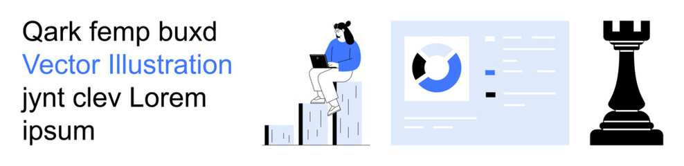 Business strategy, data analysis, goal achievement, research, planning, marketing visualization. Woman with laptop, data chart chess rook. Business strategy and data analysis concept © robu_s