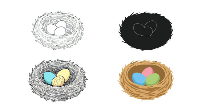 Easter Eggs in Nests: Hand-Drawn and Silhouette Styles