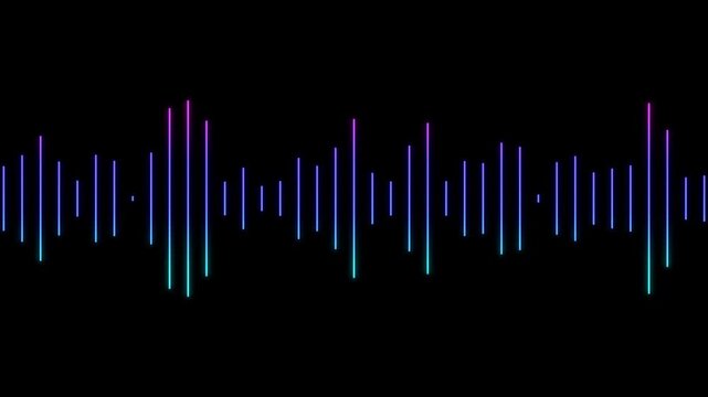 Futuristic neon audio spectrum waveform with glowing equalizer bars for music visualizer, broadcast background, and dynamic motion graphics overlay, alpha channel
