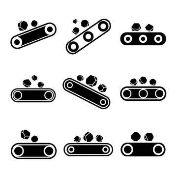 Conveyor Belt Icons Set: Mining, Industry, Transport, Logistics, Material Handling
