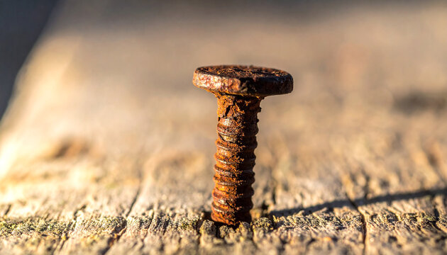 Close-up macro shot of a heavily rusted screw embedded in weathered wood