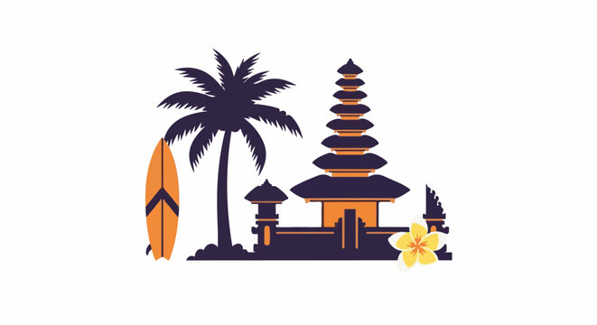 Silhouette of a tropical island scene with a temple, palm tree, and surfboard