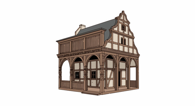Old wooden building with arched windows and balconies, white background