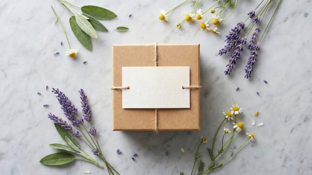 Minimalist brown gift box with blank tag and dried lavender flowers on a textured background
