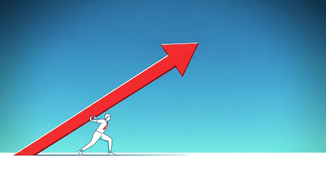 Man pushing large red arrow up