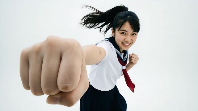 白背景の前で力強くストレートパンチを放つ女子高生