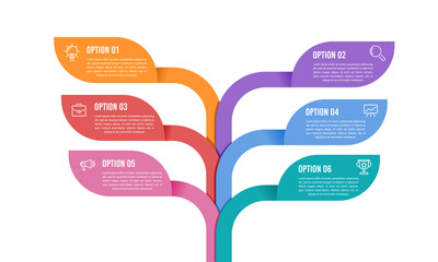 Obraz premium 6 Stage Business Development Flowchart for Marketing Strategy and Success Tree Infographic Template. Presentation, Plan and Strategy. Vector illustration.