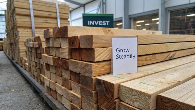 Stacked Wooden Planks with Inspirational Sign in Lumber Yard for Sustainable Investment and Growth in Construction Industry