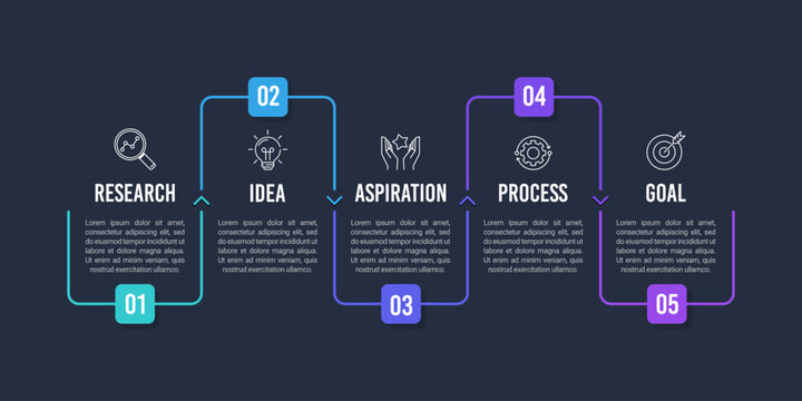 Modern 5 Steps Business Process Infographic Template with Dark Theme. Presentation, Plan and Strategy. Vector illustration.
