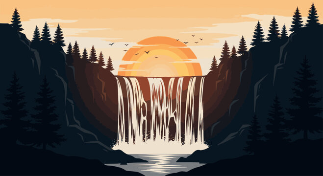 Minimalist vector art of a majestic waterfall at sunset, featuring pine tree silhouettes and a warm retro sun. Ideal for adventure and nature-themed designs.
