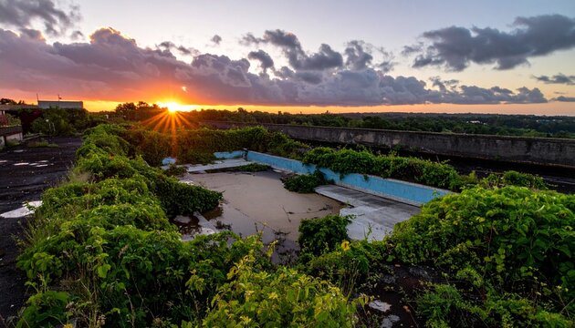 Abandoned rooftop pool with overgrown vegetation at sunset