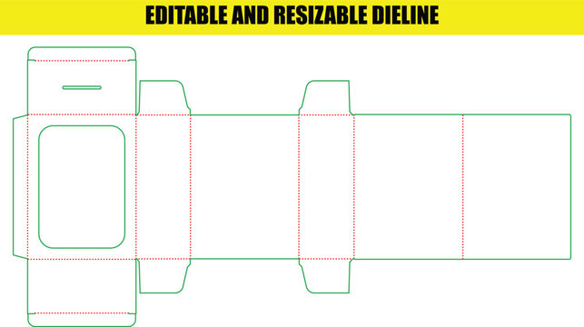 Customizable tuck end box dieline template for retail product packaging with clear window pane cut out