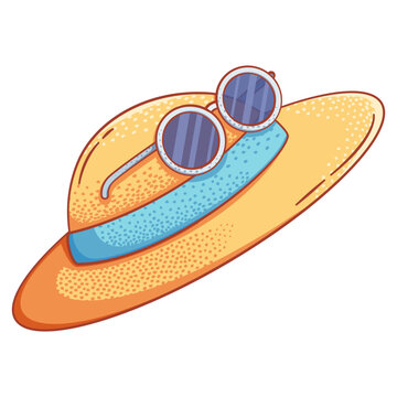 A digital hand drawn illustration of a summer yellow straw hat with a blue ribbon and round sunglasses resting against