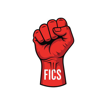 Red Fist Raised Symbolizing Power, Protest, Solidarity, and Activism with FICS Text
