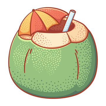 Cartoon illustration of a tropical green coconut summer beverage with a cocktail umbrella