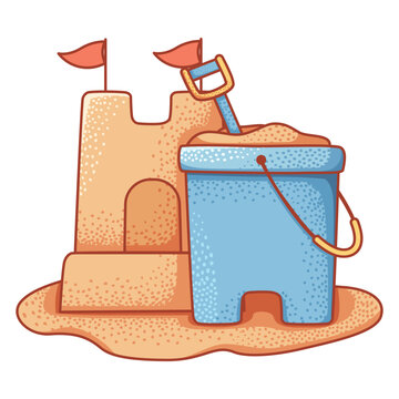 cartoon illustration a sandcastle, and blue plastic bucket with shovel for making sandcastle