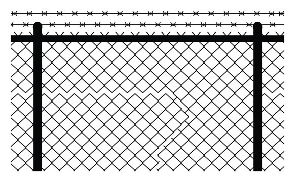 Chain-link fence with barbed wire on black and white