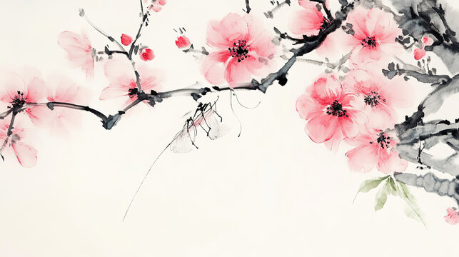 Chinese ink wash pink flowers grasshopper on electronic display simple strokes blooming pink petals vigorous brush traditional aesthetic white background pink green dominant light red black contrast h