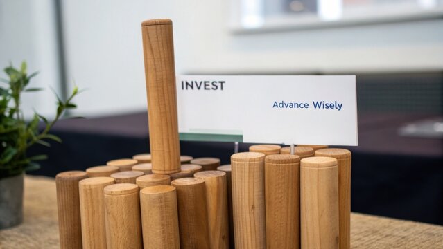 Wooden Cylinders Stack with Investment Sign for Financial Growth and Planning at Conference Table