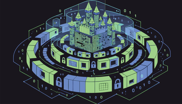 Digital security castle fortress protecting data and information with binary code architecture