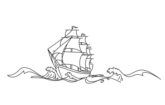 Line art illustration of a sailing ship on the sea waves
