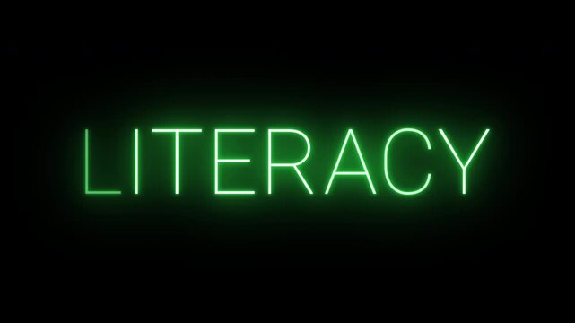 Flickering neon green glowing literacy sign animated black background.