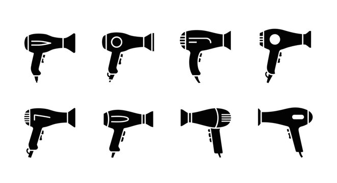 Collection of Black Hair Dryer Icons on White Background