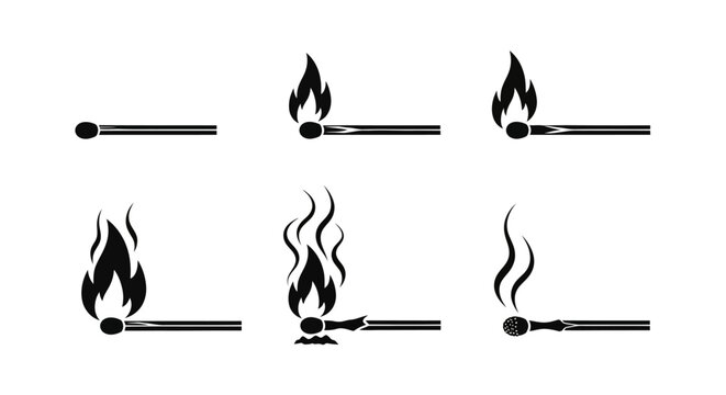 Matchstick Burning Sequence: From Unlit to Extinguished Flame