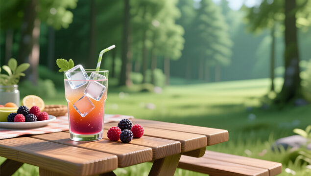Summer forest picnic with icy fruit juice