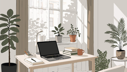 Fototapeta premium Minimalist home office, indoor plants, modern workspace, laptop desk