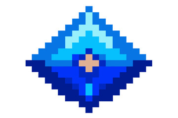 Fototapeta premium Pixel art blue diamond, gradient pixelated gem, blue crystal icon, vector graphic symbol