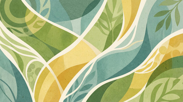 Abstract botanical pattern with wavy organic shapes in shades of green, teal, and yellow with leaf silhouettes