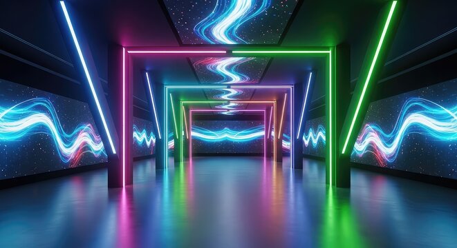 A futuristic architectural hallway filled with vibrant digital screens displaying colorful abstract patterns and glowing neon light beams, neon, innovation, motion